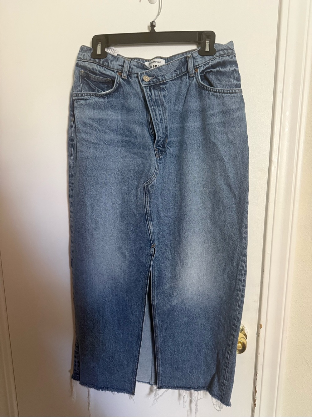 Reformation Blue Denim Midi Skirt with Front Slit